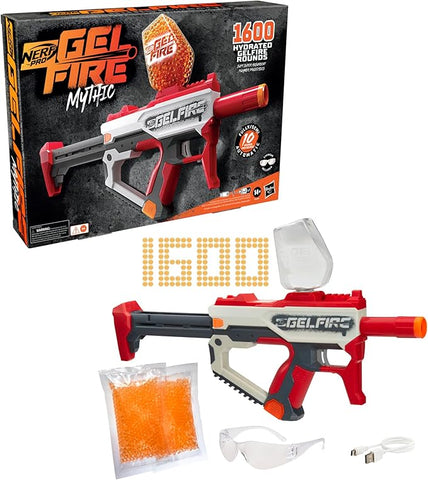 Nerf Pro Gelfire Mythic Blaster, 1,600 Gelfire Rounds, Hopper, Rechargeable Battery, Eyewear